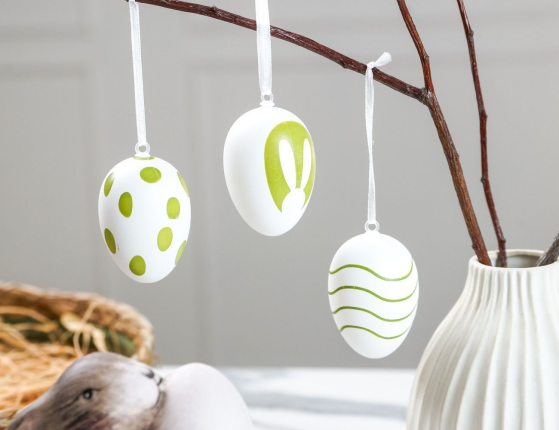 Декоративные подвесные украшения ПАСХАЛЬНОЕ НАСТРОЕНИЕ, натуральная скорлупа, белые, 6х4 см, 6 шт.