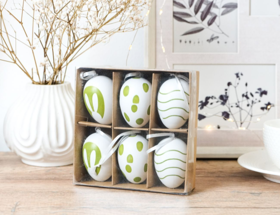 Декоративные подвесные украшения ПАСХАЛЬНОЕ НАСТРОЕНИЕ, натуральная скорлупа, белые, 6х4 см, 6 шт.