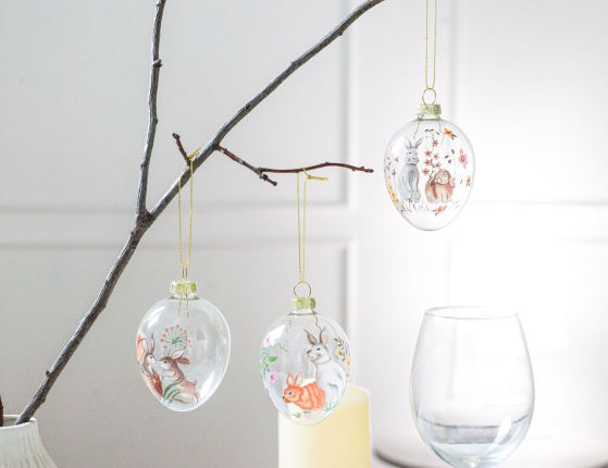 Декоративные пасхальные яйца ВЕСЕННИЕ ЗАЙЧАТА, стекло, 8 см, 3 шт.