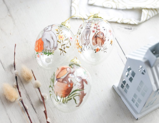 Декоративные пасхальные яйца ВЕСЕННИЕ ЗАЙЧАТА, стекло, 8 см, 3 шт.