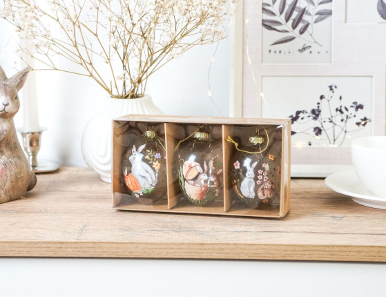 Декоративные пасхальные яйца ВЕСЕННИЕ ЗАЙЧАТА, стекло, 8 см, 3 шт.