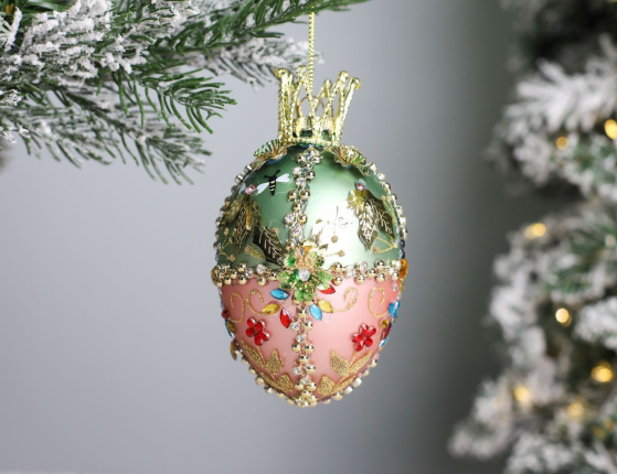 Коллекционное подвесное украшение-яйцо РОЯЛ КРАУН: ЛИСТЬЯ, стекло, текстиль, бусы, стразы, блёстки, 13 см