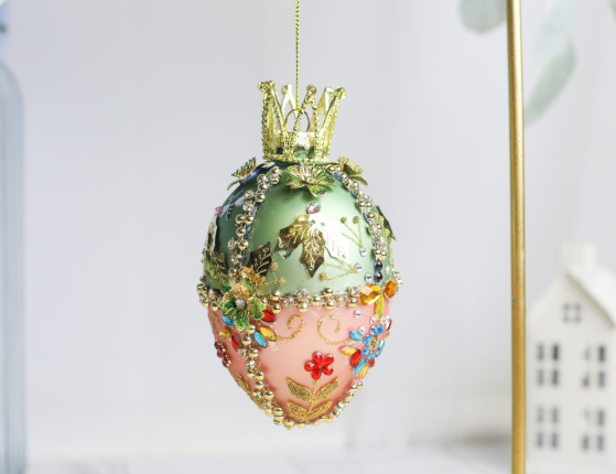 Коллекционное подвесное украшение-яйцо РОЯЛ КРАУН: ЛИСТЬЯ, стекло, текстиль, бусы, стразы, блёстки, 13 см