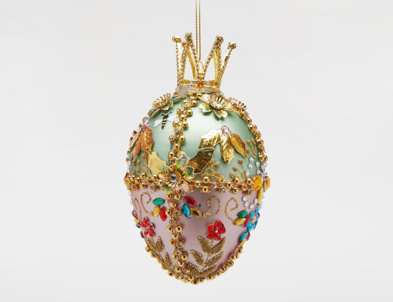 Коллекционное подвесное украшение-яйцо РОЯЛ КРАУН: ЛИСТЬЯ, стекло, текстиль, бусы, стразы, блёстки, 13 см