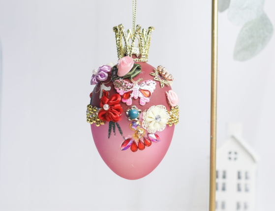 Коллекционное подвесное украшение-яйцо РОЯЛ КРАУН: БАБОЧКИ, стекло, текстиль, бусы, стразы, блёстки, 13 см
