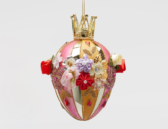 Коллекционное подвесное украшение-яйцо РОЯЛ КРАУН: ЦВЕТЫ, стекло, текстиль, бусы, стразы, блёстки, 13 см