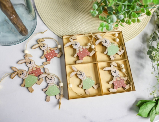 Набор деревянных елочных игрушек КРОЛЬЧАТА - МАЛЬЧИШКИ И ДЕВЧОНКИ, 8 см, 12 шт.