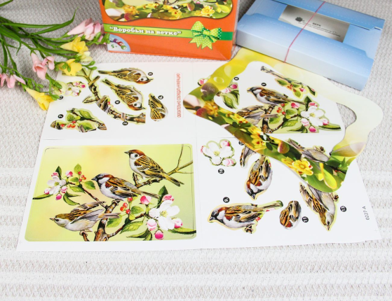 Объемная картинка Воробьи на ветке