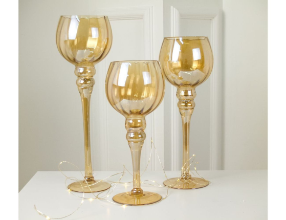 Набор стеклянных подсвечников-бокалов ГОЛД ПЕРЛ, 30-40 см, 3 шт.