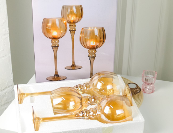 Набор стеклянных подсвечников-бокалов ГОЛД ПЕРЛ, 30-40 см, 3 шт.