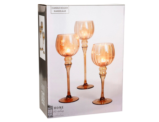 Набор стеклянных подсвечников-бокалов ГОЛД ПЕРЛ, 30-40 см, 3 шт.