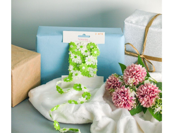 Декоративная лента ВЕСЁЛЫЕ МАРГАРИТКИ, текстиль, зелёная, 200х5 см