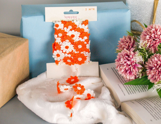 Декоративная лента ВЕСЁЛЫЕ МАРГАРИТКИ, текстиль, оранжевая, 200х5 см