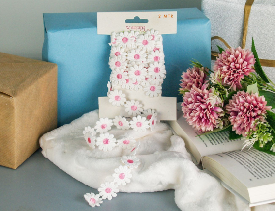 Декоративная лента СОЛНЕЧНЫЕ МАРГАРИТКИ, текстиль, розовая, 200х5 см