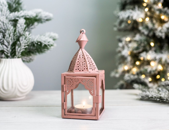 Декоративный подсвечник-фонарь МАГРИБ, металл, стекло, розовый, 17 см