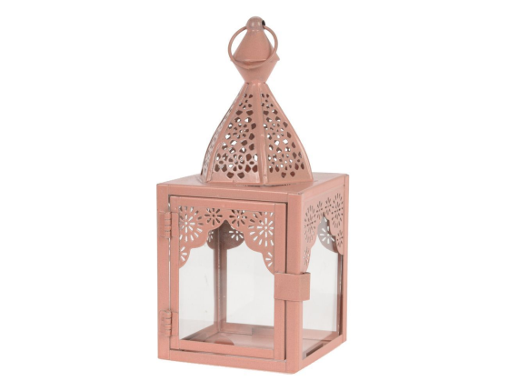 Декоративный подсвечник-фонарь МАГРИБ, металл, стекло, розовый, 17 см