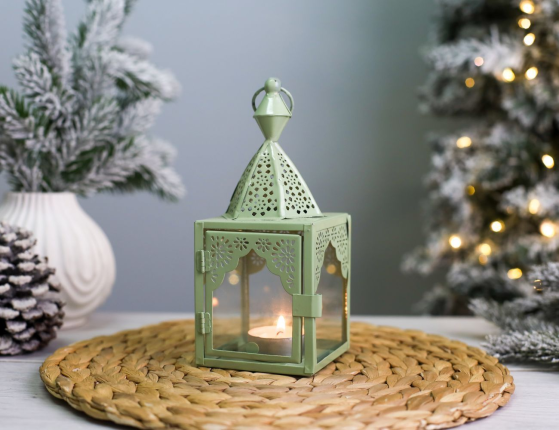 Декоративный подсвечник-фонарь МАГРИБ, металл, стекло, зелёный, 17 см