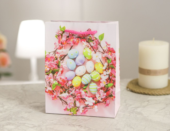 Подарочный пакет ПАСХАЛЬНЫЙ ВЕНОК - ЦВЕТУЩАЯ ВИШНЯ, бумага, 18х14 см