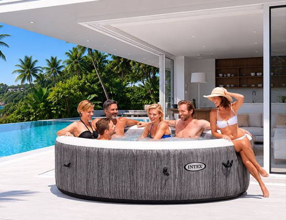 Надувное джакузи Серое дерево Делюкс Интекс ПьюрСпа (Intex PureSpa Greywood Deluxe) с аэромассажем и подсветкой, 216х71 см