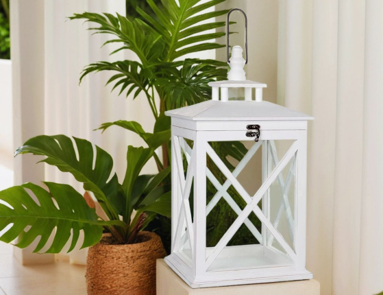 Фонарь СКАЗОЧНОЕ НАСТРОЕНИЕ, белый, дерево, стекло 24х24х46 см