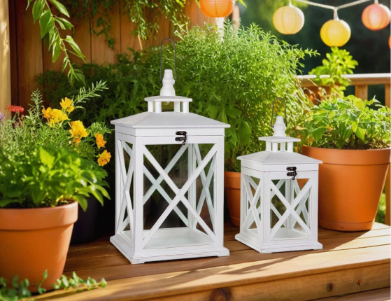 Фонарь СКАЗОЧНОЕ НАСТРОЕНИЕ, белый, дерево, стекло 24х24х46 см