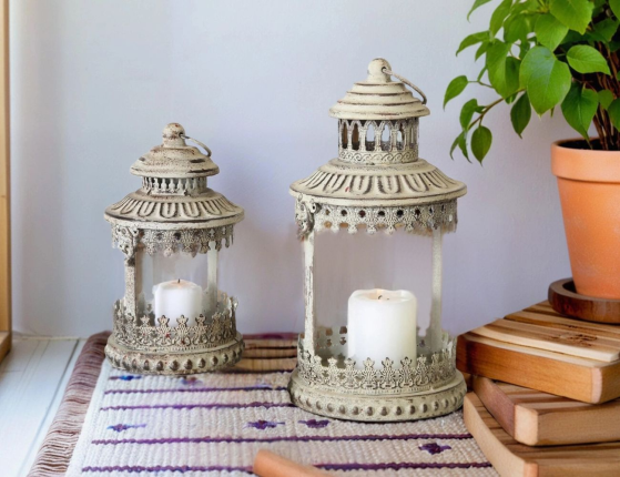 Набор винтажных фонарей СОЛЬВЕЙГ, металл, стекло, белый, 2 шт., 20х12 и 30х15 см