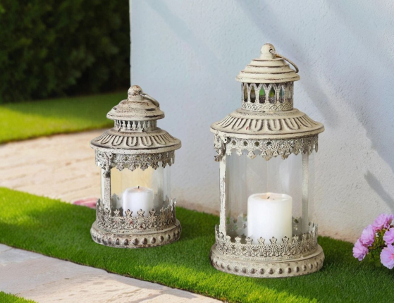 Набор винтажных фонарей СОЛЬВЕЙГ, металл, стекло, белый, 2 шт., 20х12 и 30х15 см