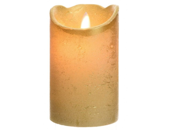 Светодиодная восковая свеча ПРАЗДНИЧНАЯ, с глиттером, золотая, тёплый белый LED-огонь колышущийся, 7.5x12.5 см, батарейки, таймер