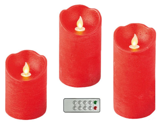 Набор светодиодных восковых свечей ПРАЗДНИЧНЫЕ, красных, тёплые белые LED-огни колышущиеся, 10-15 см (3 шт.), ПДУ