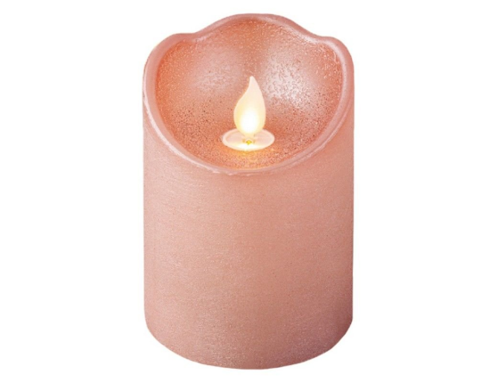 Светодиодная восковая свеча ПРАЗДНИЧНАЯ, розовая, тёплый белый LED-огонь колышущийся, 7.5х10 см, батарейки