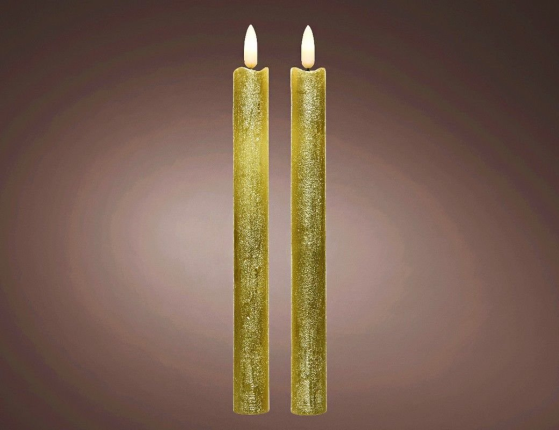 Набор светодиодных столовых восковых свечей ЖИВАЯ ДУША, золотых, тёплые белые LED-огни мерцающие, 'натуральные фитильки', 2х24 см (2 шт.)