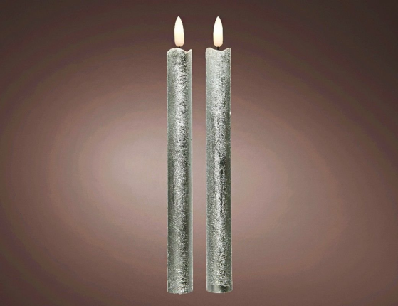 Набор светодиодных столовых восковых свечей ЖИВАЯ ДУША, серебряных, тёплые белые LED-огни мерцающие, 'натуральные фитильки', 2х24 см (2 шт.)