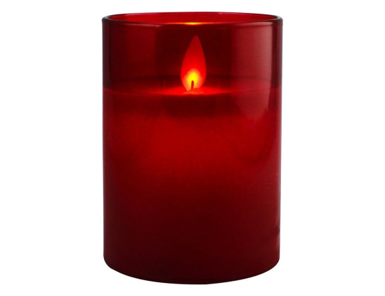 Восковая светодиодная свеча в стакане ROMANCE, красная, тёплый белый LED-огонь, колышущийся язычок, 7.5х10 см, батарейки