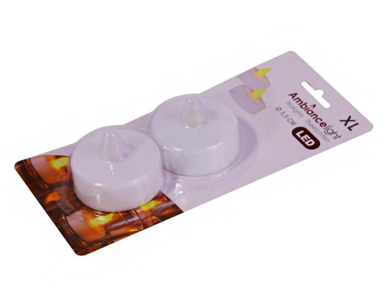 Свечи чайные КЛАССИЧЕСКИЕ БОЛЬШИЕ (XL), мерцающие, с тёплыми белыми LED-огнями, белые, набор 2 шт., 2.2х5.5 см, батарейки