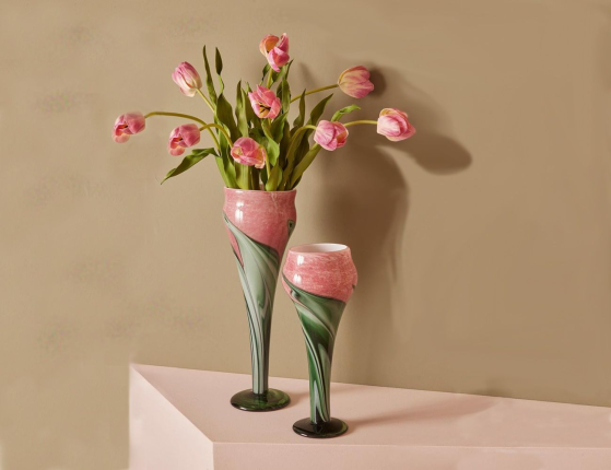 Дизайнерская ваза РАССВЕТНЫЙ БРИЗ, большая, розово-зеленая, 45 см