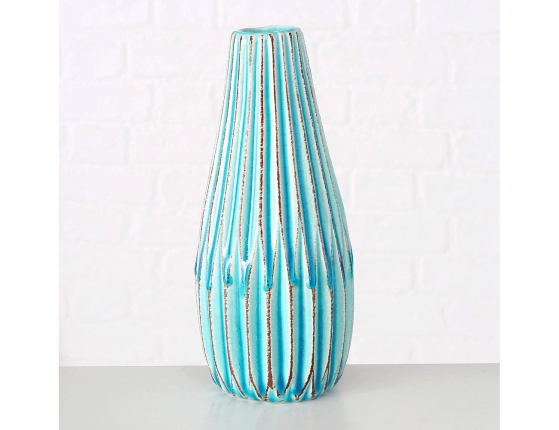 Керамическая ваза ЛОГОРАМЕНТО вытянутая с рифлением, бирюзовая, 24 см