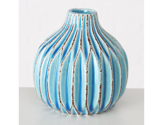 Керамическая ваза ЛОГОРАМЕНТО округлая с рифлением, голубая, 11 см