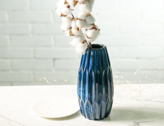 Керамическая ваза ВЕЧЕРНЯЯ АКВАРЕЛЬ, овальная, тёмно-голубая, 24 см
