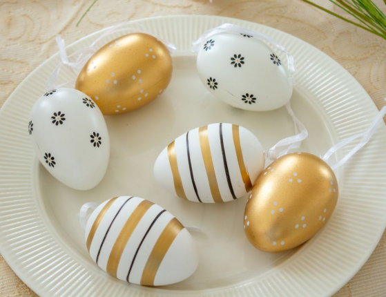 Декоративные пасхальные яйца ЗОЛОТЫЕ МОТИВЫ, пластик, 6 см, 6 шт., подвески