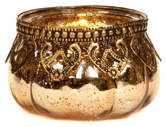 Подсвечник под чайную свечу КАРМЕЛИТА, стеклянный, прозрачный с золотом, 9 см