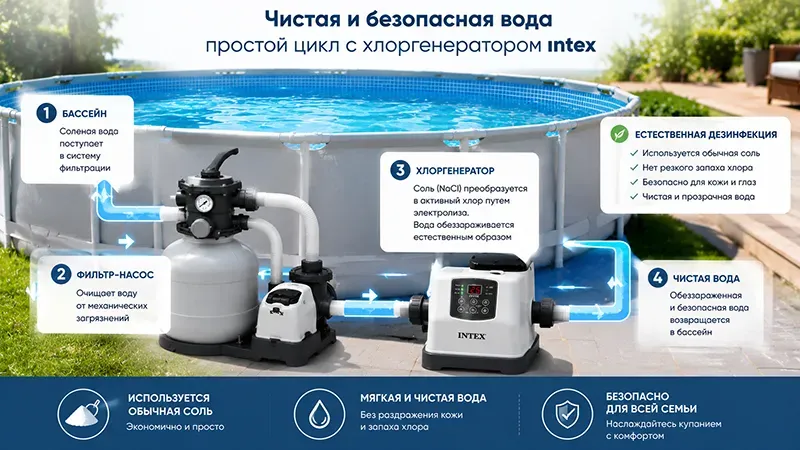 Схема работы хлоргенератора: бассейн — фильтр-насос — хлоргенератор — бассейн