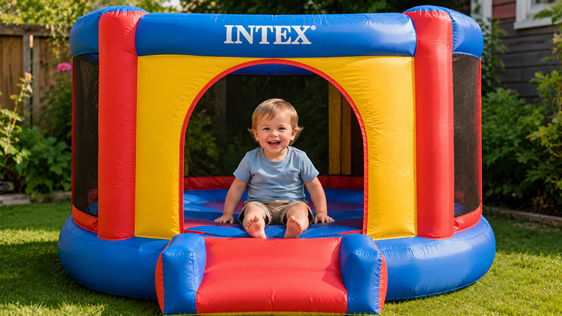 Малыш 2–3 лет играет в закрытом надувном батуте Intex с высокими бортами
