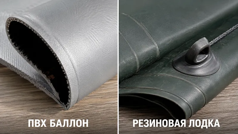 Сравнение материалов лодок: ПВХ-баллон Intex и резиновая лодка рядом